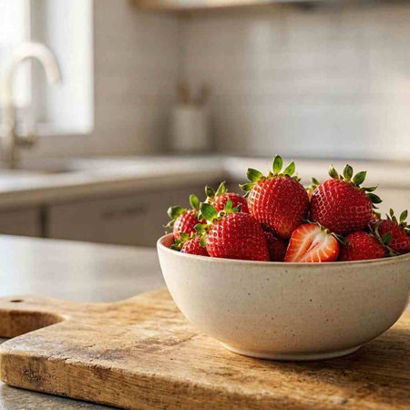 Strawberries in a bowl on a wooden board in the kitchen