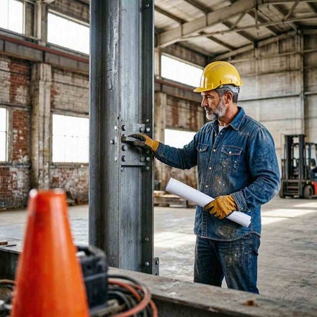 Engineer at work in a construction site. A man in a helmet and overalls.