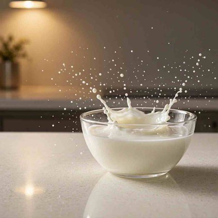 Splashes of milk in a glass bowl on the kitchen table.