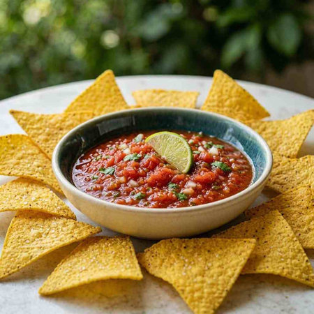 Mexican Salsa with nachos chips and guacamole