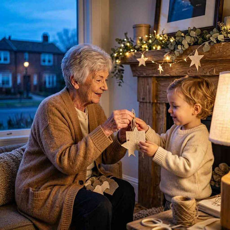Grandmother and grandson decorating christmas tree at home. Happy grandmother and grandson in living room.