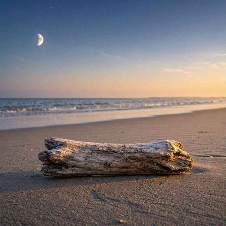 A single driftwood on the beach with the moon in the background