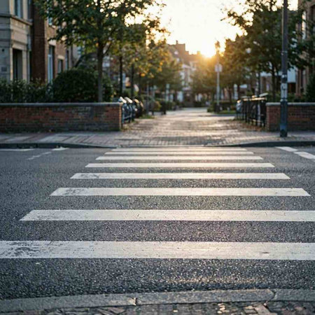 Zebra crossing on the street in the evening. The sun goes down.