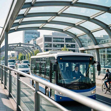 Bus on the bridge in Frankfurt am Main, Germany, Europe.