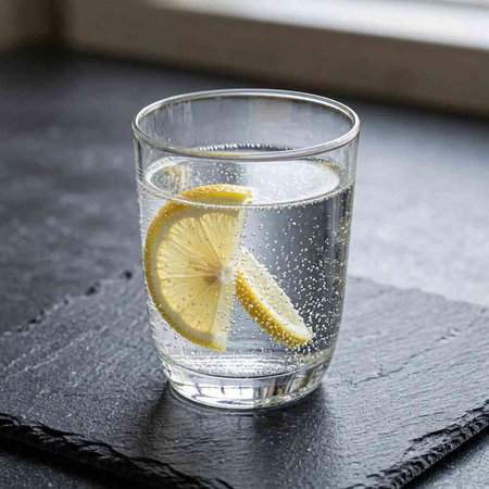 Glass of water with lemon and ice cubes on a black background.