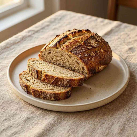 Freshly baked bread on a plate on a table in the kitchen
