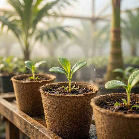 Plant seedlings in biodegradable peat pots in greenhouse