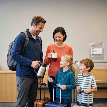 Family Traveling Holiday Vacation Trip Vacation Concept. Mother, father and kids with suitcases