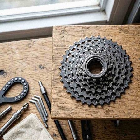 Bike gear on a wooden table. Work in the workshop.