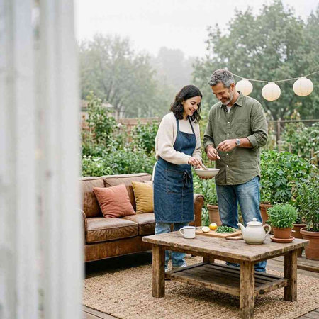 Couple cooking together in the garden. Man and woman preparing food in the garden.