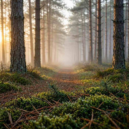 Morning in the autumn pine forest. Sun rays through the trees.