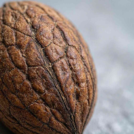 Macro photo of a walnut on a textured background.