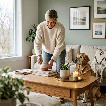 Senior woman with her dog in the living room at home. Stay at home concept.