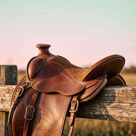 Saddle on a wooden fence in the countryside. Vintage style.