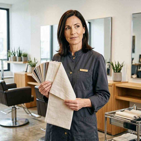Portrait of a mature woman in a beauty salon holding a file