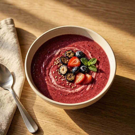 Smoothie bowl with blueberry, strawberry and chia seeds