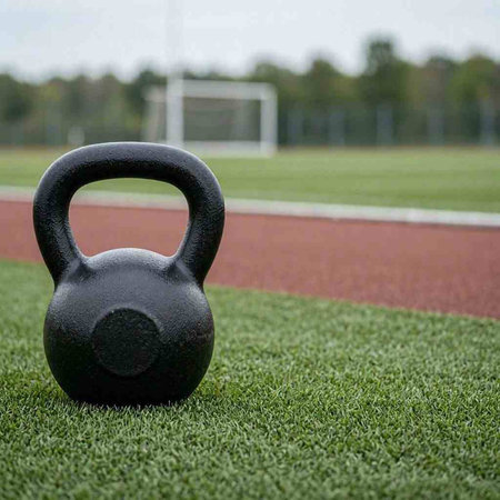 Kettlebell on the green grass of a soccer field. Sports equipment.