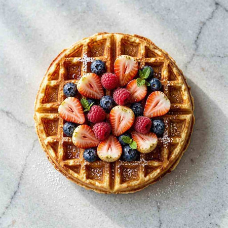 Homemade belgian waffles with fresh berries on white marble background.