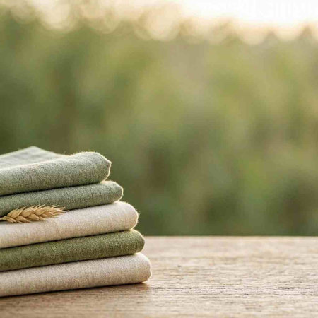Stack of fresh linen towels on wooden table with blurred field background.