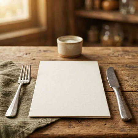 Blank paper card mockup with fork and knife on wooden table.