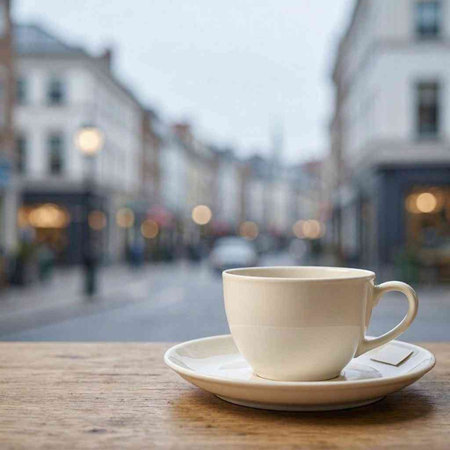 Coffee cup on a wooden table in a city street.