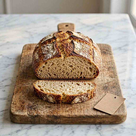 Sliced rye bread on a cutting board with a blank tag