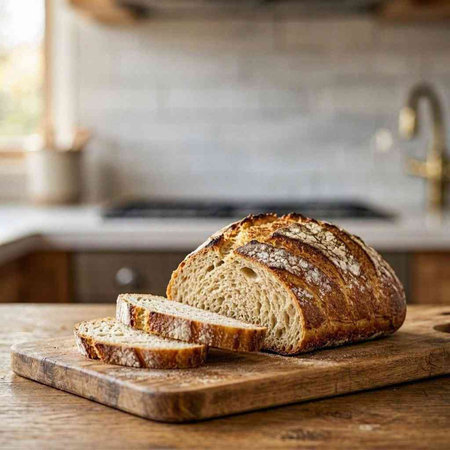 Sliced bread on a cutting board. Rustic style.