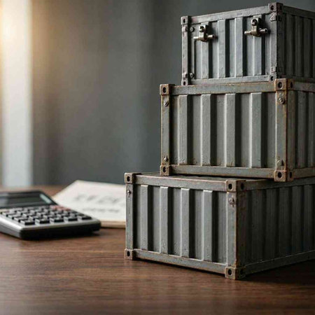 Cargo containers and calculator on the table. Logistics and transportation concept.