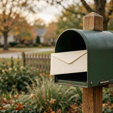 Mailbox with envelope on the background of the autumn landscape. Selective focus.