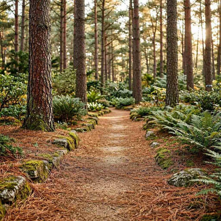 Pathway in the forest at sunset with ferns and pine trees