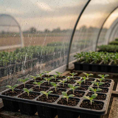 Plantation of pepper seedlings in a greenhouse, close up