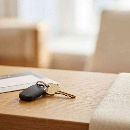 Car key with car keychain on a wooden table in the room