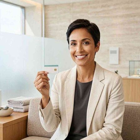 Smiling businesswoman holding credit card and looking at camera in office