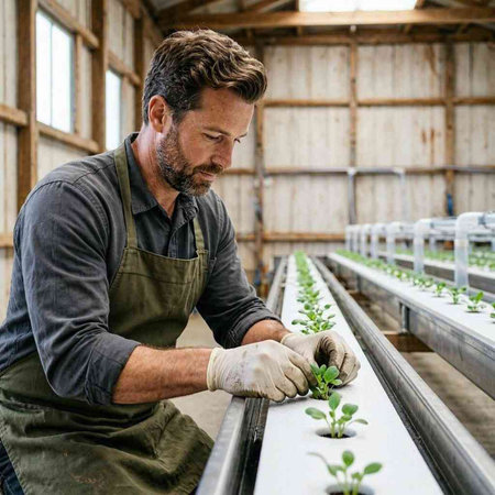 Farmer working in a greenhouse with a seedling in his hands