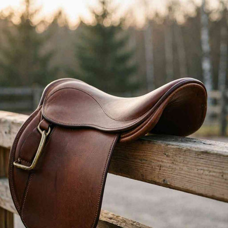 Saddle on a wooden fence in the park. Vintage style.