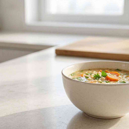 A bowl of soup on a kitchen countertop with copy space.
