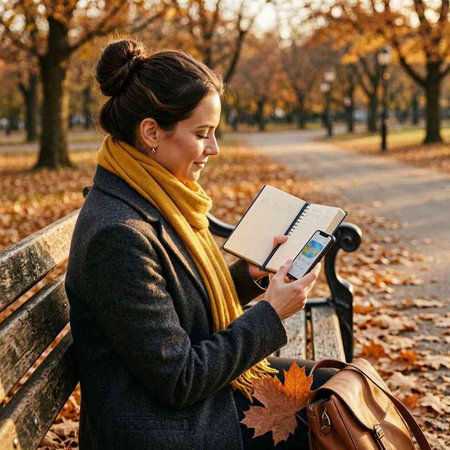 Woman reading a book in the autumn park on a bench with a backpack