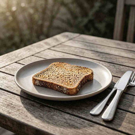 A slice of bread on a plate with a knife and fork on a wooden table