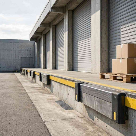 Warehouse storage area with cardboard boxes in front of the warehouse.