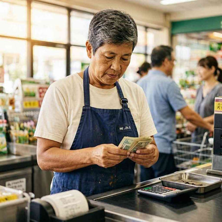 Elderly Asian male cashier counting money in a supermarket.