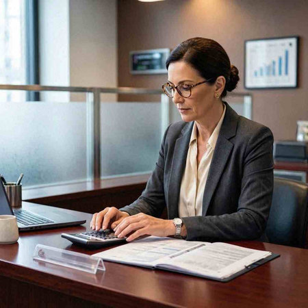 Businesswoman sitting at desk in office, using laptop and calculator.