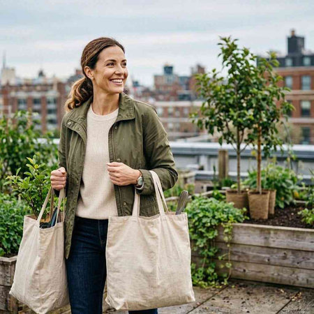 Outdoor lifestyle portrait of young beautiful happy smiling woman holding eco bag.
