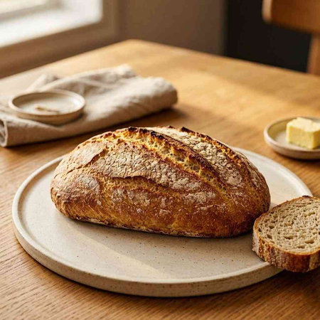 Sliced loaf of bread on a plate on a wooden table