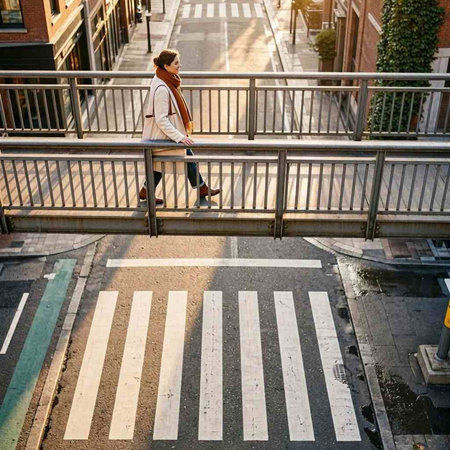 Young woman crossing a pedestrian crossing in New York City, USA.