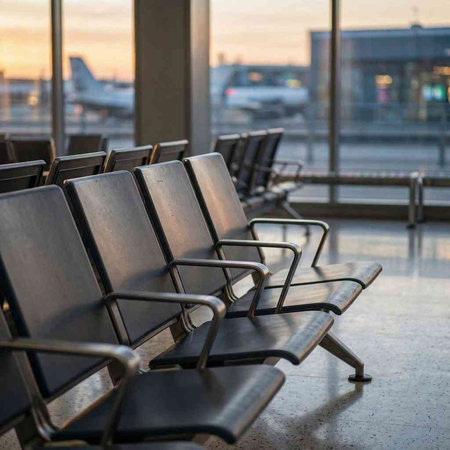 Empty seats in the airport waiting area at sunset. Selective focus.