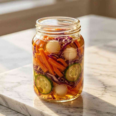 Pickled vegetables in a glass jar on a white marble table.