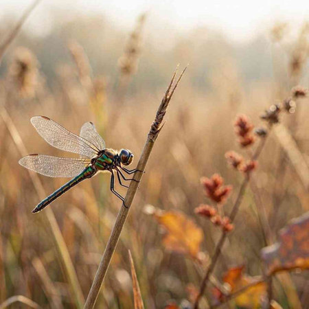 Dragonfly resting on a blade of grass in the early morning.