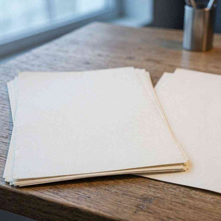 Blank sheets of paper on a wooden table in the kitchen.
