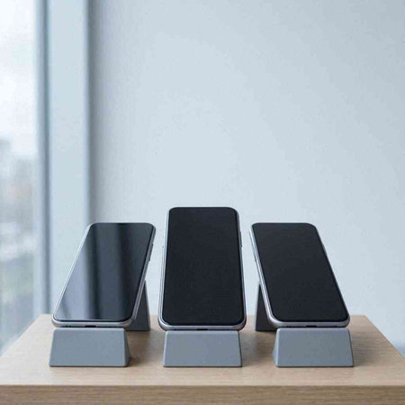 Smartphones stand on the table in the room. 3d rendering