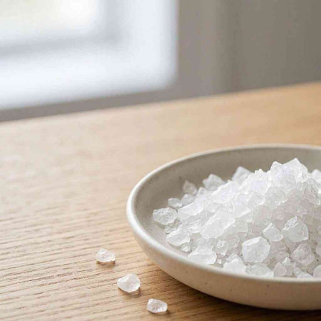 Sea salt in a bowl on a wooden table, shallow depth of field